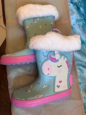 Kids Unicorn Rain Boots with Faux Fur Trim - Mint & Pink
